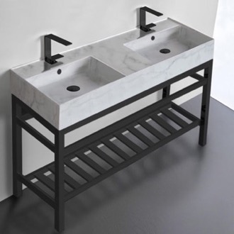 Console Bathroom Sink Marble Design Double Ceramic Console Sink and Matte Black Base, 48